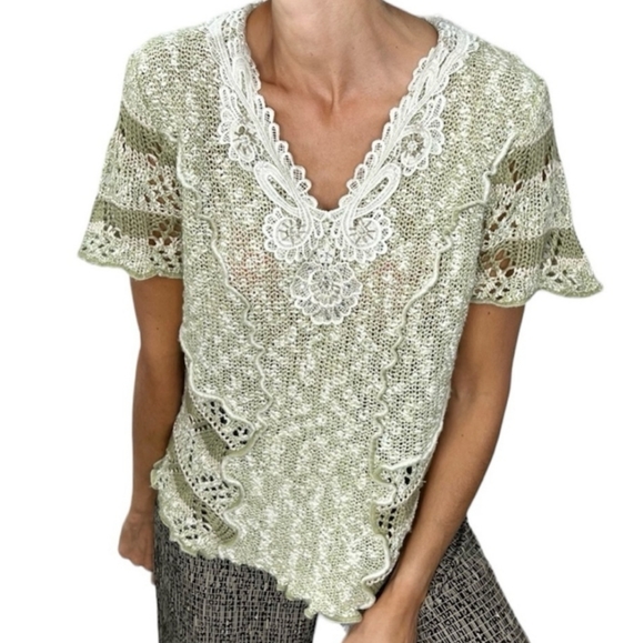 Sage green beaded lace short sleeve knit sweater L - Picture 1 of 13